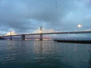 The view at dusk of the Bay Bridge lights from Sinbads.